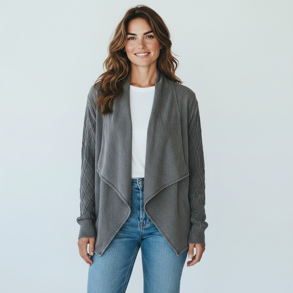 Leo & Nicole Women XL Olive Green Mineral Wash Cable Knit Sleeve Open Cardigan
